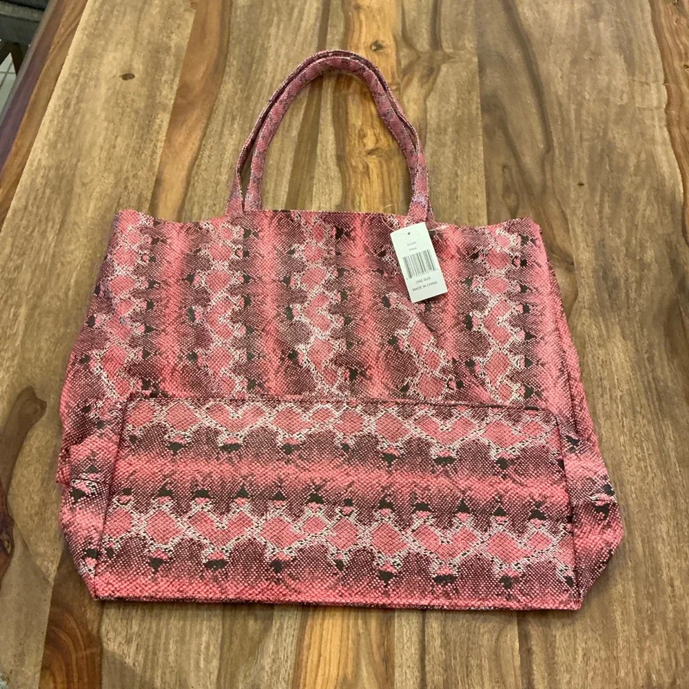 Saks Fifth Avenue Pink Snake‎ Print Tote Bag Faux Leather Large Shoulder Bag